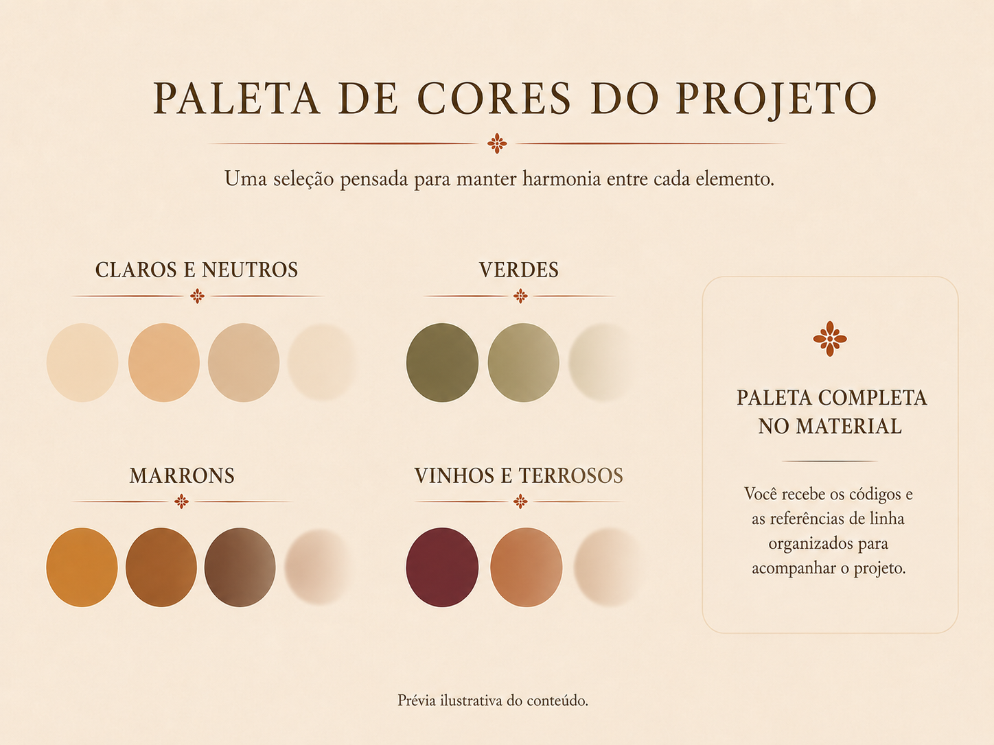 Prévia da paleta de cores do projeto: claros e neutros, verdes, marrons, vinhos e terrosos